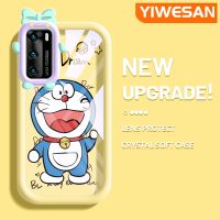 YIWESAN เคสสำหรับ Huawei P40 P40 Pro การ์ตูนโดราเอมอนรักสีสันสดใสเลนส์กล้องถ่ายรูปแบบนิ่มสัตว์ประหลาดน้อยน่ารักกันกระแทกแบบใสเคสป้องกันซิลิโคนที่เคสมือถือสร้างสรรค์