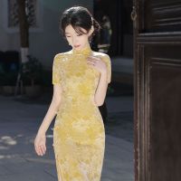 สีเหลือง Cheongsam ที่สง่างาม2023ใหม่ที่ดีขึ้นสาวฤดูร้อนหญิงสาวจีน Qipao ชุดยาว