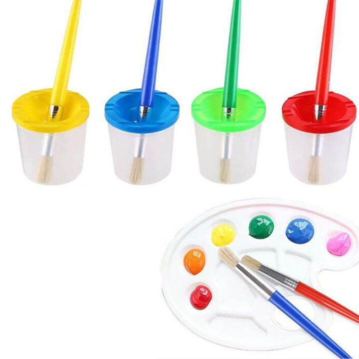 9 Pcs No Spill Paint Cups Set with Paint Brushes and Paint Tray Palette
