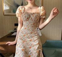 sexy bodycon midi korean floral beach women off shoulder dress plus size evening dress dinner parti elegant orange dress girl summer dress woman ชุดเดรสลายดอกไม้ ชุดเดรสเปิดไหล่ ชุดเดรสแขนพอง ชุดเดรสสไตล์ฝรั่งเศส