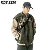 TIDE BEAR เสื้อแจ็กเก็ตผู้ชายเสื้อโค้ทคอปกตั้งสำหรับเด็กผู้ชาย,เสื้อโค้ทชุดยูนิฟอร์มเบสบอลแบบหลวมมีกระเป๋าแจ็คเก็ตนักบินหนังกลับมีตัวอักษรสำหรับวัยรุ่นฤดูใบไม้ผลิและฤดูใบไม้ร่วง