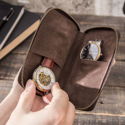 2-Slot Watchers Zipper Universal Organizer Storage Pouch Genuine Leather Watch Box