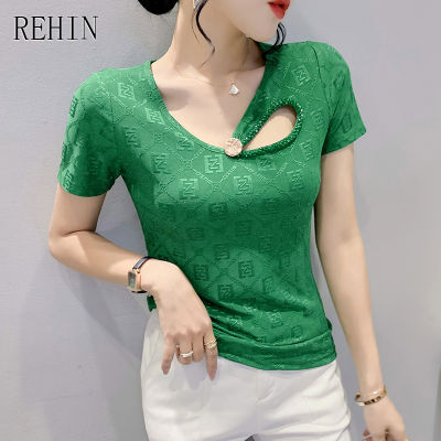 REHIN เสื้อยืดแขนสั้นร้อยลูกปัดแฟชั่นสำหรับผู้หญิง,เสื้อใส่ด้านในทรงสลิมฟิตสไตล์ยุโรปใหม่ฤดูร้อน