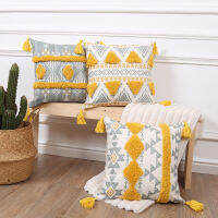 Moroccan Print Embroidery Cushion Cover Yellow Grey Boho Ethnic Pillow Cover with Four Corners Tassels 45x45cm Home Decoration