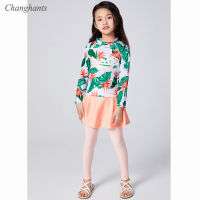 Girls Rash Guards Green Leaves Kids Two Pieces Swimwear 2-12 Y Children Long Sleeve Swimsuit Teens Swimsuit with Swim Cap