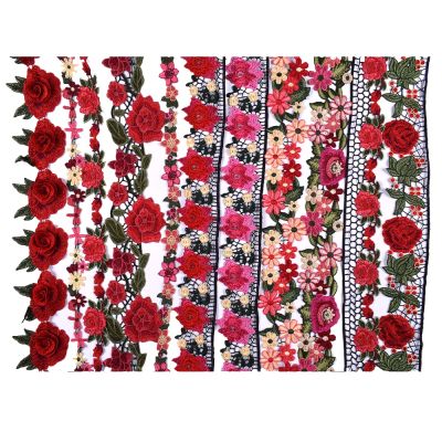 1Yard Red Pink Flower Embroidered Lace Edge Trim Ribbon Fabric Patchwork Wedding Dress DIY Sewing Supplies Craft