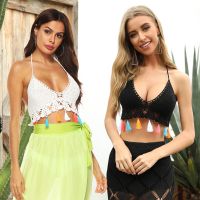 [COD] hand hook ethnic style tassel splicing deep V strap halter neck bikini top vest wrapped chest A2415