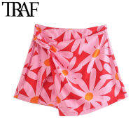 TRAF Women Fashion With Bow Tie Floral Print Shorts Skirts Vintage High Waist Back Zipper Female Skirts Mujer