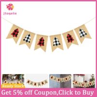 Jiogein คริสต์มาสแขวนแบนเนอร์ลายสก๊อตต้นคริสต์มาส Burlap Banner Xmas Party Supplies