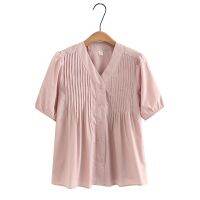 【มีไซส์ใหญ่】Plus Size Womens XL-4XL V-neck Summer Blouses Solid Color Button Up Elegant Female Tops Large Size Office-wear Blusas