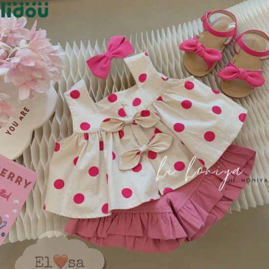 Bộ quần áo chấm bi 2 nơ babydoll quần hồng dành cho bé gái 8-18kg 1-5 tuổi - ảnh sản phẩm 1