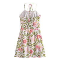 New Women S Love Leaf Flower Print Dress Slim-Fit And Slim Set Neck Lace-Up Suspender Dress