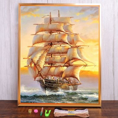 Boat Landscape Ship Printed Canvas 11CT Cross Stitch Full Kit DIY Embroidery DMC Threads Hobby Handiwork Knitting    Counted Needlework