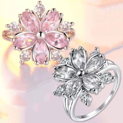 New Fashion Sakura Flower Ring Vintage Rhinestone Crystal Ring Women Elegant Romantic Valentine 39;s Day Wedding Party Jewelry Gift