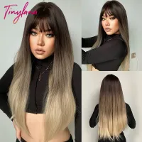 Long Straight Synthetic Wig Dark Brown to Blonde Hair Wigs with Bangs for Women Cosplay Natural Black Root Heat Resistant Wigs Wig  Hair Extensions Pa