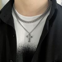 Stainless Steel Double Layer Cuban Chain Cross Pendant Necklace Men Silver Color Punk Hip hop Male Necklace Jewelry 2022 Trend Adhesives Tape