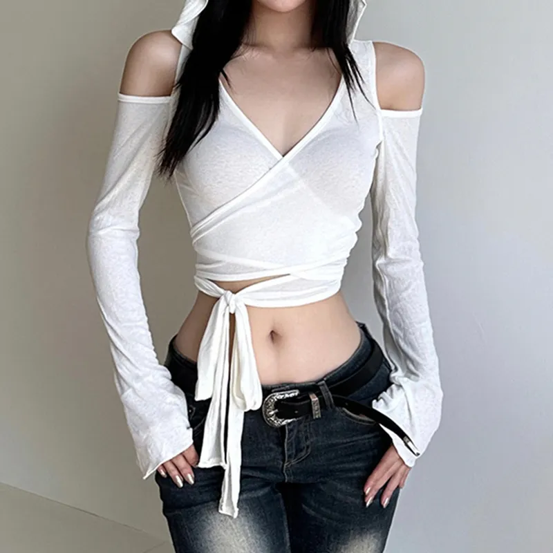 Simon Korean top for women Summer Knit Crop Tops Solid Color Long Sleeve V  Neck Bandage Hooded T-shirt