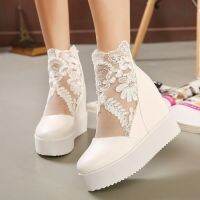 Women Crochet Lace Zipper Design Wedge Sandals High Heel Casual Ethnic Open Toe Platform Height Increasing Chunky Ladies Shoes