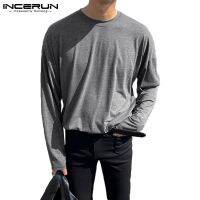 COD  ♖Incerun เสื้อยืดลําลองสําหรับผู้ชายแขนยาวสีพื้นทรงหลวมสไตล์เรียบง่าย☞