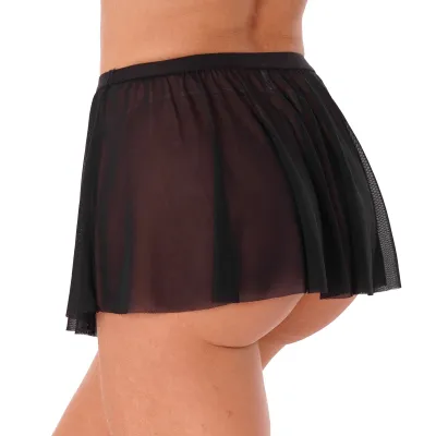 【CC】 Pleated Skirt Mid Waist Sheer Mesh Miniskirt Elastic Waistband See-through Ruffle Nightclub Clubwear