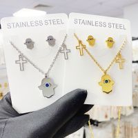 Fashion Islam Hamsa Eyes Stainless Steel Chain Necklace Earrings for Women Silver Color Pendant Necklace Jewelry collar mujer