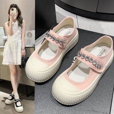 Classic Style Mary Jane Sneakers 2023 New Summer Rhinestone One-Strap Velcro Platform Casual Canvas Shoes for Women