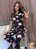 Floral Print Women Pajama Set Notched Collar Front Button Top Long Pants 2 Pieces Sleepwear Female Nightwear Homwear Cloth