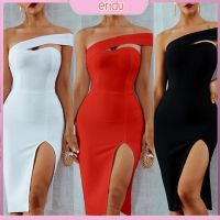 COD DSFGRDGHHHHH Korean Elegant Solid Color Women Summer Off Shoulder Side Slit Bodycon Midi Party Dress