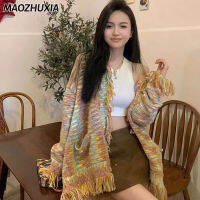 MAOZHUXIA พู่สายรุ้งเสื้อคาร์ดิแกนแบบถักย้อนยุคเสื้อฤดูหนาวที่หลากหลายของผู้หญิง