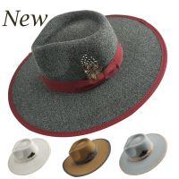 9.5 Cm Mens And Womens Color Contrast Binding Wool Felt Hat Panama Jazz Hat Feather European American Vintage Fedora Hat