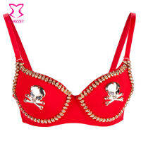 2021Corzzet Skull Punk Bra Red&amp;Black Metallic Gathers Punk Spike Studs Rivet Bra Push Up Bra Stage Show