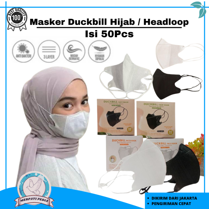 Masker Duckbill Hijab Headloop Garis 3Ply Premium Quality Isi 50 Pcs MP ...