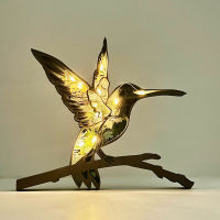 Wooden Hollow Wildlife Sculpture Hummingbird Sculpture Art with Light Animal Totem Desktop Ornament Vivid for Holiday