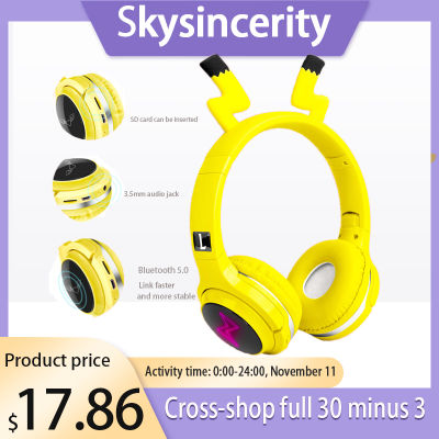 Head-mounted neckband headphones cartoon wireless headset Pikachu childrens music earphones learning bluetooth earbust