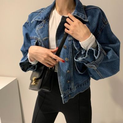2023 Fall New Fashion Casual Denim Coats Turn-Down Collar Single Breasted Crop Jackets Women Chic Patchwork Long Sleeve Outwears