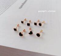 goodgift_station-silver S925 screw earrings จิวต่างหูรูปหัวใจ สี่เหลี่ยม วงกลม และใบโคลเวอร์ สีดำ