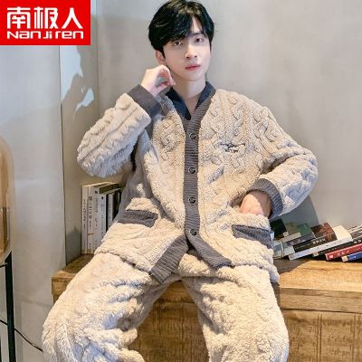 MUJI High quality autumn and winter flannel mens pajamas mens winter thickened coral fleece long-sleeved suit large size winter home clothes winter