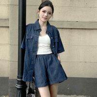 COD jfdss Summer 2023 Casual Suit Women Two-Piece Set Lasel Short-Sleeved Denim Shirt High-Waist Wide-Leg Shorts