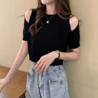 COD DSFERTRETRE Linki ♡ Off shoulder knitted short sleeve T-shirt simple plain women top