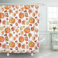 Shower Curtain Brown Fall Thanksgiving Autumn Colorful Harvest Pattern Acorns Apples Waterproof Polyester Fabric 60 x 72 inches