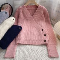 [COD] 2022 autumn Korean style sweet loose all-match V-neck side-breasted long-sleeved foreign-style pink knitted cardigan sweater