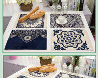 2 pcs Western Placemat ผ้าฝ้ายและเสื้อผ้าลินิน42X32ซม.Art ความร้อนฉนวน Placemat สไตล์จีนสีฟ้าและเครื่องกระเบื้องสีขาว Placemat ดอกไม้