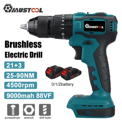 Mustool 88V 20 + 3เจาะแรงบิด13มม.สว่านไฟฟ้าสว่านไร้สายแบนผลกระทบของค้อนเจาะ2/1/ไม่มีแบตเตอรี่ไฟ LED ไขควงไฟฟ้าเครื่องมือ25-90NM