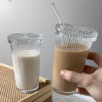 Simple Stripe Glass Cup With Lid and Straw Transparent Glass Cup Tea Cup Juice Glass ice Coffee Mug Milk Mocha Cup Breakfast Mug Cups  Mugs Saucers
