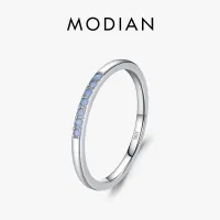 Modian Minimalism 925เงินสเตอร์ลิง Simple Blue โอปอล Pave การตั้งค่าแหวนใส่นิ้วอินเทรนด์ซ้อนกันเครื่องประดับสำหรับผู้หญิง