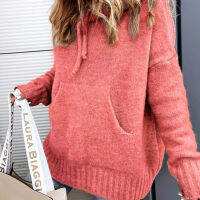 Vintage Solid Color Hooded Sweaters Women Long Sleeve Drawstring Warm Knitted Pullover  Streetwear Casual Loose Jumpers