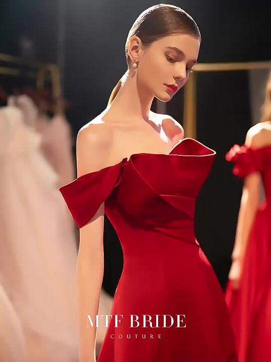 Mondresses】Formal Dress 2023 New Bride Toast Dress Slim Satin off-Shoulder  Gown Engagement Annual Evening Dress for Women | Lazada PH