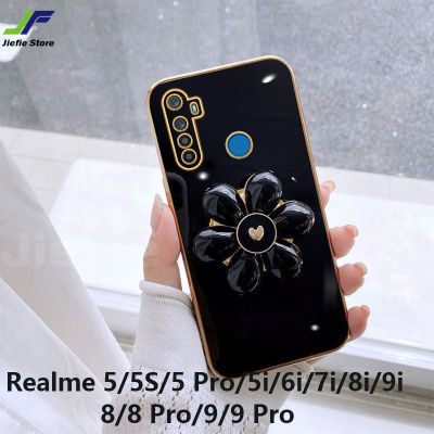 JieFie แฟชั่นดอกไม้กรณีโทรศัพท์สำหรับ Realme 5 / 5i / 6i / 7i / 8i / 9i/5วินาที/5 Pro/ 8 / 8 Pro/ 9/9 Pro หรูหราโครเมี่ยมชุบ Soft TPU โทรศัพท์ปก + ขาตั้ง