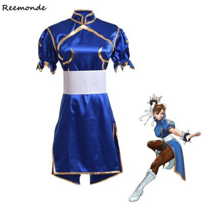 ☼ Games Chun Li Cosplay Costumes Adult Blue Sexy Cheongsam Dress Belt Headgear Kids Women