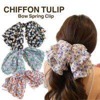 Chiffon tulip Spring กิ๊บโบว์สปริงรุ่นใหม่ ผ้าชีฟองพิมพ์ลายดอกทิวลิป ขนาดใหญ่ 22cm.  สวยหวานแบบฉบับสาวเกาหลี กิ๊บติดผม